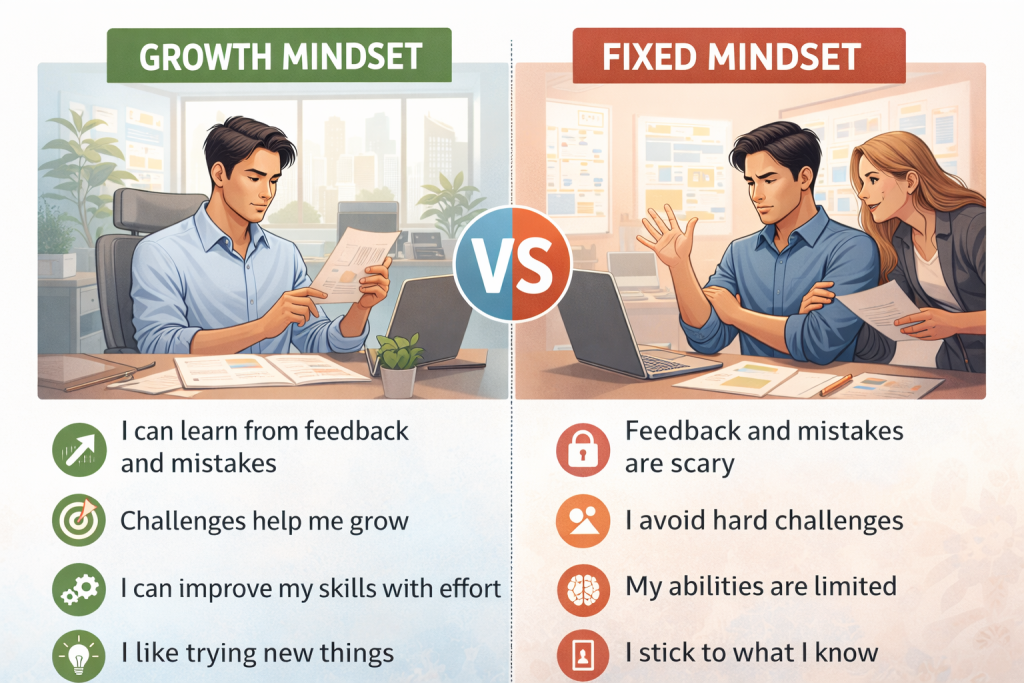perbandingan growth mindset dan fixed mindset dalam konteks tempat kerja