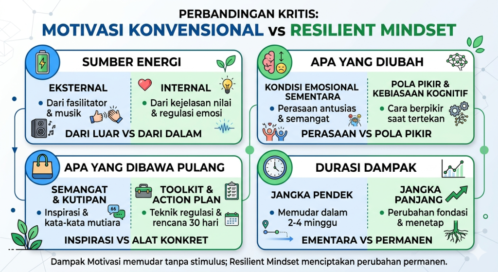 tabel perbandingan training motivasi konvensional vs program resilient mindset berbasis sains